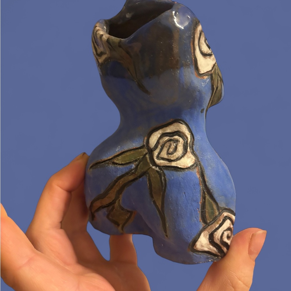 Handcrafted Blue Ceramic Vase with Floral Design
